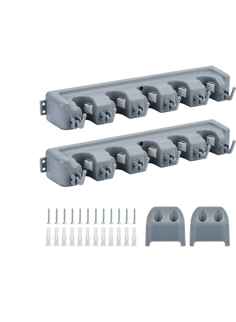 طقم منظم حامل المماسح والمكانس الجداري قطعتين مع رفوف وخطافات قابلة للتعديل لتنظيم أدوات المطبخ والحديقة والجراج وتوفير المساحة بأسلوب عصري وراقٍ - Image 1